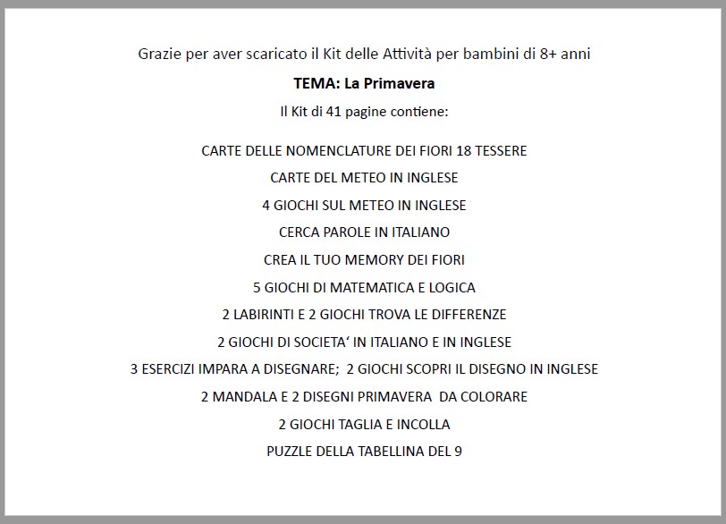 Kit delle Attività della PRIMAVERA per bambini di 8+ anni